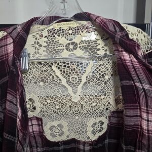 Hippie Laundry Burgundy Plaid Cardigan with Cream Lace